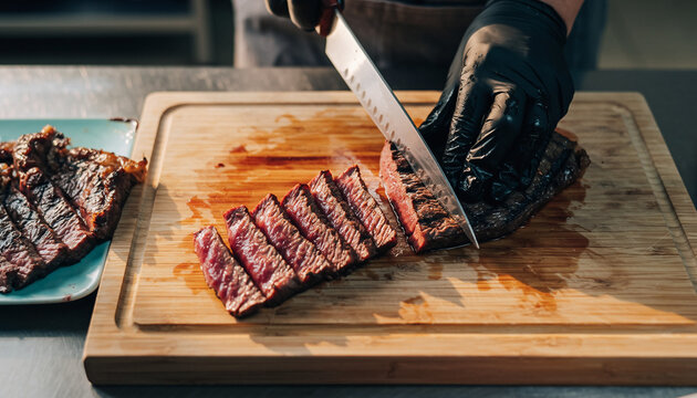 Chef expertly slices juicy steak on wooden board, creating a mouthwatering culinary experience for food lovers and grill enthusiasts to savor and enjoy together