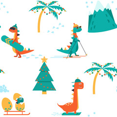 Dino winter seamless pattern. Dinosaur skiing, Dinosaur snowboarding, dinosaur sledding. Dinosaur christmas happy new year doodle seamless vector pattern.