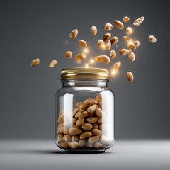 Nuts Overflowing: A glass jar brimming with peanuts, with some playfully escaping, captured in a studio setting. Evokes feelings of freshness and abundance.