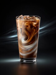Swirling Delight: Iced coffee with a smooth blend of cream and coffee swirling together in a glass, creating a visually appealing and refreshing drink.