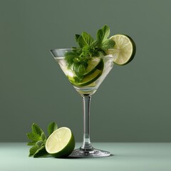 Mojito Refreshment: A refreshing mojito, served in a classic martini glass, garnished with fresh mint and lime slices, embodying the essence of relaxation and tropical vibes.
