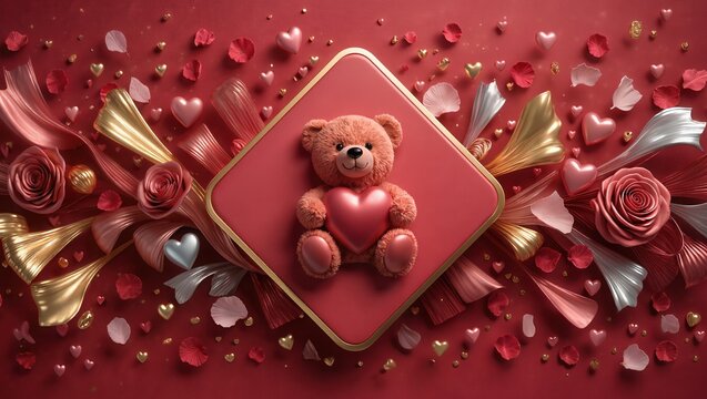 Cute original teddy bear holding roses in a luxury 2.5D Valentine card design, romantic red and pink background, perfect for Valentine&rsquo;s Day celebrations