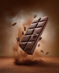 Chocolate Delight: A meticulously crafted bar of rich, dark chocolate levitates mid-air alongside scattered coffee beans and a swirl of cocoa powder, revealing the essence of pure indulgence.