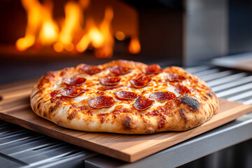Delicious pepperoni pizza fresh from a wood-fired oven at a backyard gathering Generative AI