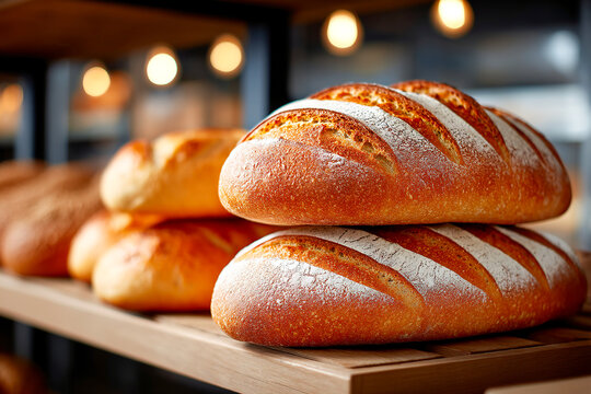 Freshly baked artisan bread displayed in a bakery during morning hours Generative AI
