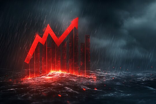 A dramatic red graph arrow plunging upward over a stormy background, symbolizing financial properity 