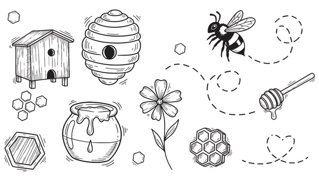 Hand-drawn honey and beekeeping doodle elements set with a bee, beehive, honeycomb, flower, and honey pot in a charming black and white sketch style illustration collection
