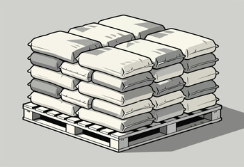 Illustration depicts a square pallet stacked high with bags, in a comic book or graphic novel style