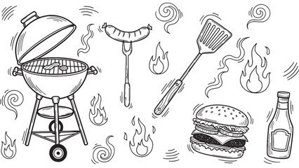 Hand drawn barbecue grill and food illustrations set with a hamburger, sausage, spatula, and sauce bottle in a black and white doodle sketch style for a summer picnic theme