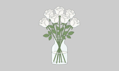 Elegant bouquet of white roses in a clear vase isolated on white background