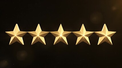 Five golden stars aligned on dark background symbolize premium rating and excellence, shining with quality and achievement as elegant star symbols in sleek dark background design