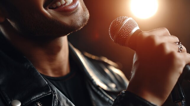 A charismatic vocalist stands under bright lights, holding a microphone close. The energy is electric as he engages the audience, pouring emotions into each note and creating a memorable experience