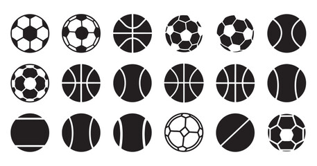 Collection of black sports ball icons including soccer, basketball, and tennis in a simple flat graphic style for various athletic and recreational game concepts