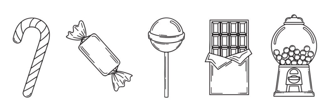 Black and white line art candy icons featuring a candy cane, wrapped sweet, lollipop, chocolate bar, and gumball machine in a simple minimalist vector illustration style