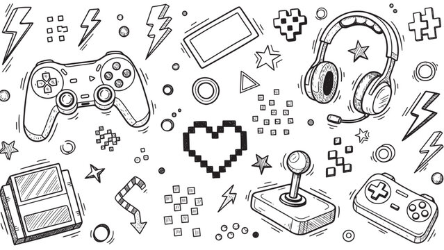 Hand-drawn black and white video game elements including a controller, joystick, headphones, and pixel heart in a fun doodle style pattern for a retro gaming concept