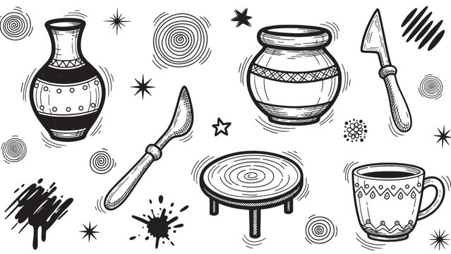 Hand-drawn set of pottery tools and ceramics, including a vase, pot, mug, and potter's wheel, in a charming black and white sketch illustration with a rustic, artisanal feel - Powered by Adobe
