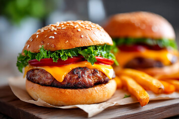 Delicious cheeseburger with fresh lettuce and tomato served with golden fries Generative AI