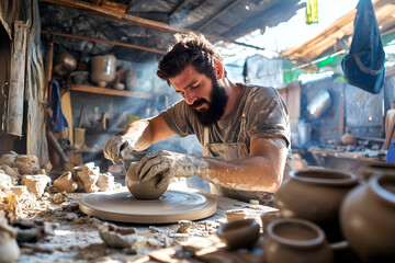 Male Potter Shaping Clay on Pottery Wheel in Workshop.