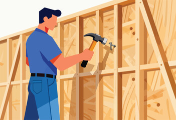 A stylized illustration depicts a person hammering a nail into wooden framing, creating a construction scene