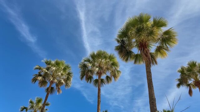 Palm trees under a bright blue sunny sky with cirrus clouds blowing gently, tropical vacation nature scene, upward angle view.