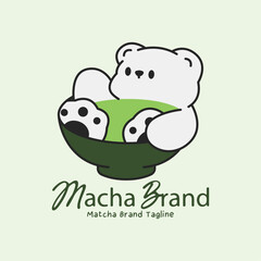 Charming matcha logo featuring bear mascot relaxing inside bowl of vibrant green matcha. Playful illustration for beverage branding and tea shop design.