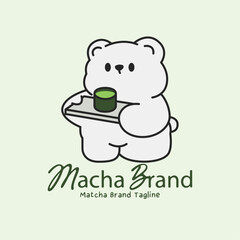 Adorable matcha logo featuring bear mascot serving traditional matcha tea on tray. Cute illustration with pastel colors for cafe and wellness branding.