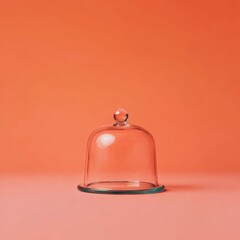 Obraz premium A clear glass dome cloche with a handle rests on a pink surface. The background is a solid coral color.