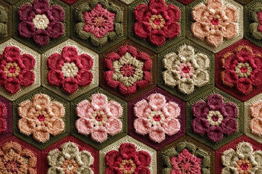 Crochet granny square pattern on wallpaper showcasing vibrant floral motifs and textures in a cozy indoor setting