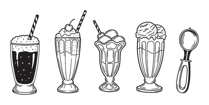 Set of hand-drawn milkshake and sundae illustrations in a vintage doodle style, showing various ice cream desserts in tall glasses with straws, a cherry, and a classic scoop