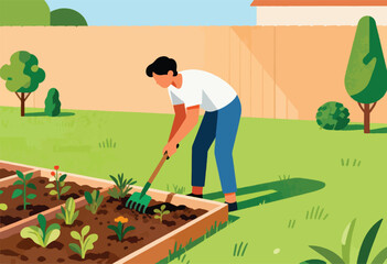 A person gardening in a yard, using a rake. Wooden garden beds with plants sit in front of a neutral-colored fence