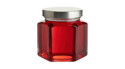 Octagonal glass jar filled with red liquid and a silver metal lid isolated on a transparent background