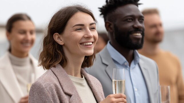Group of friends smiles and raises their champagne glasses, celebrating special moments outdoors as the sun sets, creating a warm and inviting atmosphere