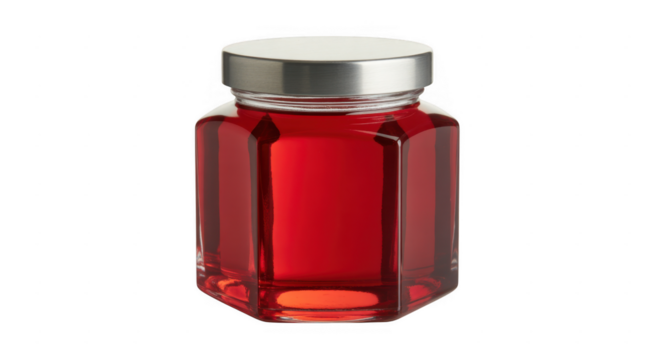 Octagonal glass jar filled with red liquid and a silver metal lid isolated on a transparent background - Powered by Adobe