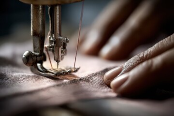 Experienced tailor sewing custom attire with precision in a well-lit workshop while focusing on intricate details of fabric and stitching techniques