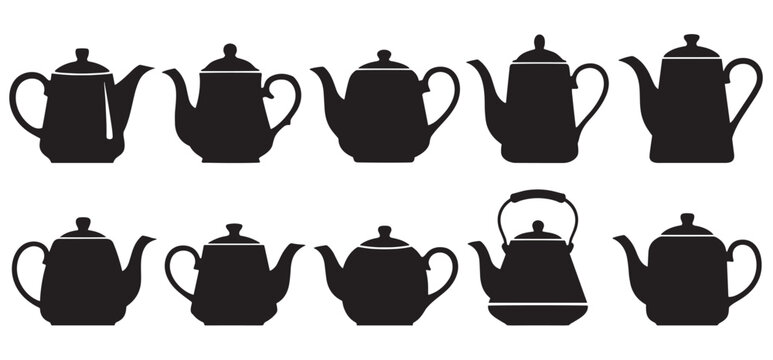 Collection of black teapot and kettle silhouettes in various shapes and designs, presented as a graphic icon set for kitchenware or hot beverage concepts