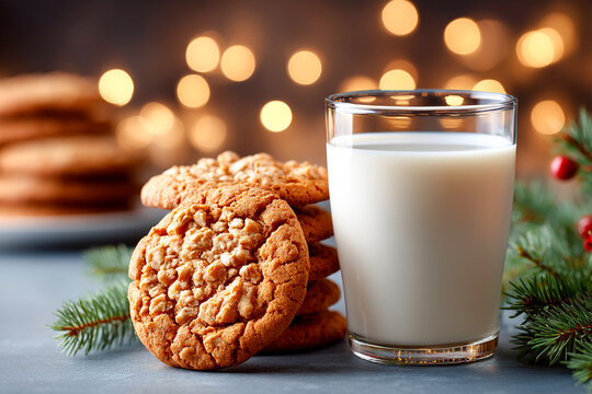 Delicious cookies and milk served with festive decorations during holiday season Generative AI - Powered by Adobe