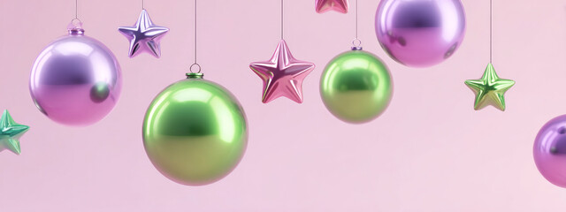 Hanging metallic Christmas ornaments and stars on soft pink background, concept of festive elegance, celebration, modern holiday style and joyful atmosphere. banner
