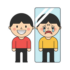 Cartoon man faking a smile while his reflection shows sadness.