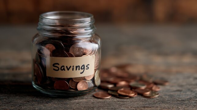 A glass jar labeled "Savings" filled with coins, placed on a wooden surface, symbolizes financial planning and saving habits.