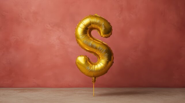A shiny gold balloon shaped like the letter "S" stands against a textured red background, creating a vibrant and festive atmosphere.