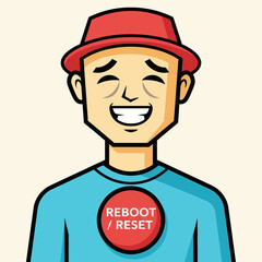 Cartoon man with red hat and rebootreset shirt smiling.
