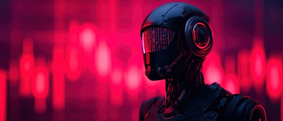A futuristic robot with a sleek black design against a vibrant red background, showcasing advanced technology and artificial intelligence.