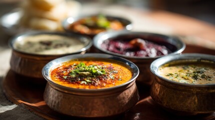 A variety of vibrant, flavorful Indian curries sit in decorative bowls on a wooden platter. Friends gather around, sharing food and laughter in the warm afternoon sun at a lively celebration