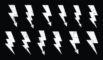 Collection of hand-drawn stylized lightning bolt illustrations featuring diverse textures and designs, representing electricity, power, and energy.