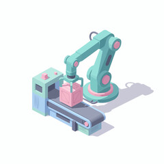 Isometric 3D Smart Production Machine with Robotic Arm Feeder