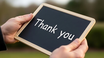 Person holding a chalkboard with 'Thank you' written on it