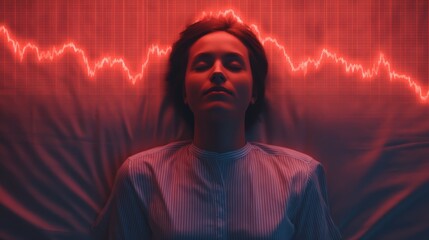 A serene figure lies on a bed, with a fluctuating red graph overlay, symbolizing emotional or financial turmoil.