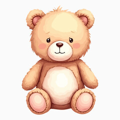 Soft brown furry teddy bear toy sitting with a heart isolated on white background