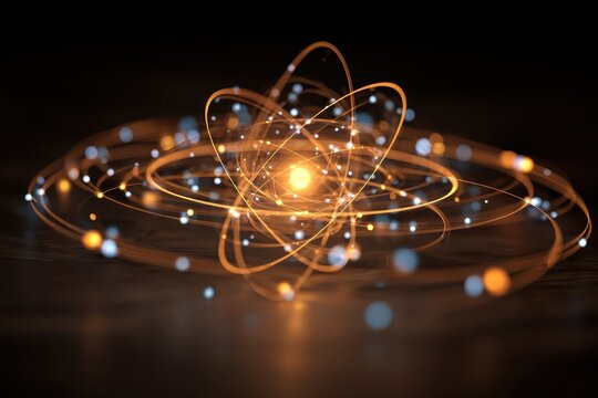 Nucleus consisting of atoms and elements surrounded by glowing molecular structures representing light and science at an abstract level