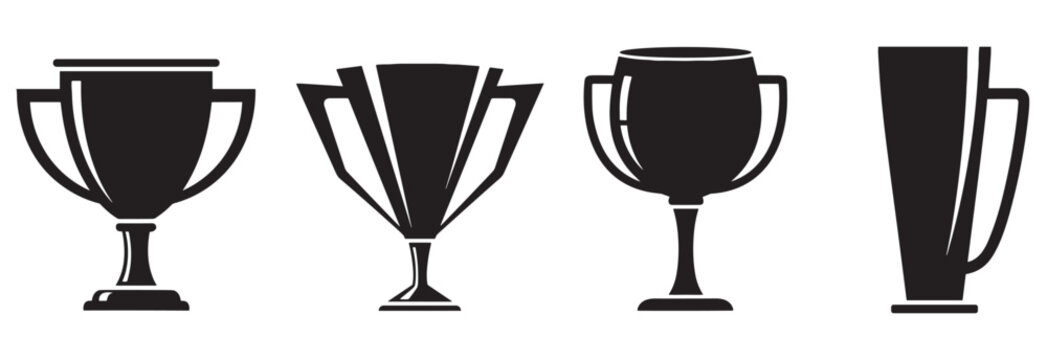 Four black trophy cup icon silhouettes in various shapes and designs, a graphic set representing winning, achievement, success in a competition, and championship victory